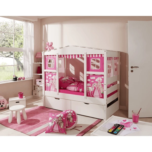 TiCAA Hausbett Mini Mit 2 Schubladen Prinzessin Rosa